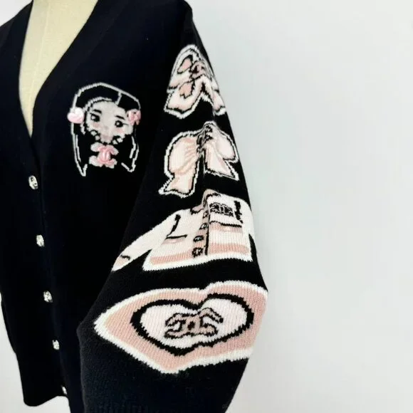 Chanel Black Knit Cardigan Cartoon Embroidery Plays Up Luxury Childlike Style - Picture 7 of 10